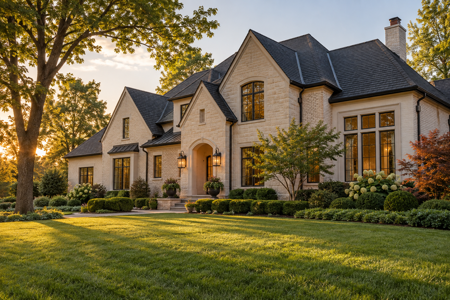 Elegant brick home with mature landscaping at golden hour